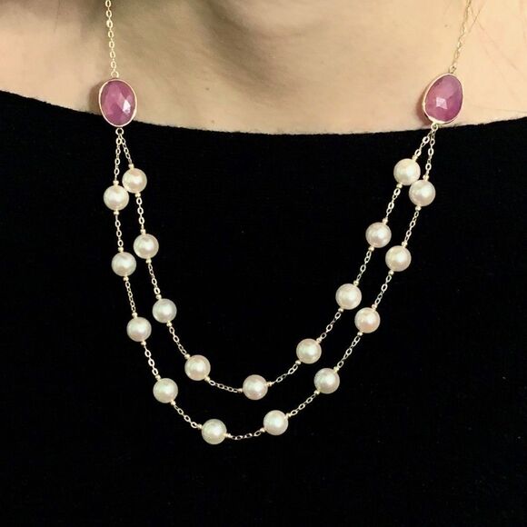 Akoya Pearl Ruby Necklace 14k Gold 7.80 mm 19 3/4" Certified $2,450 820424 - Picture 2 of 7